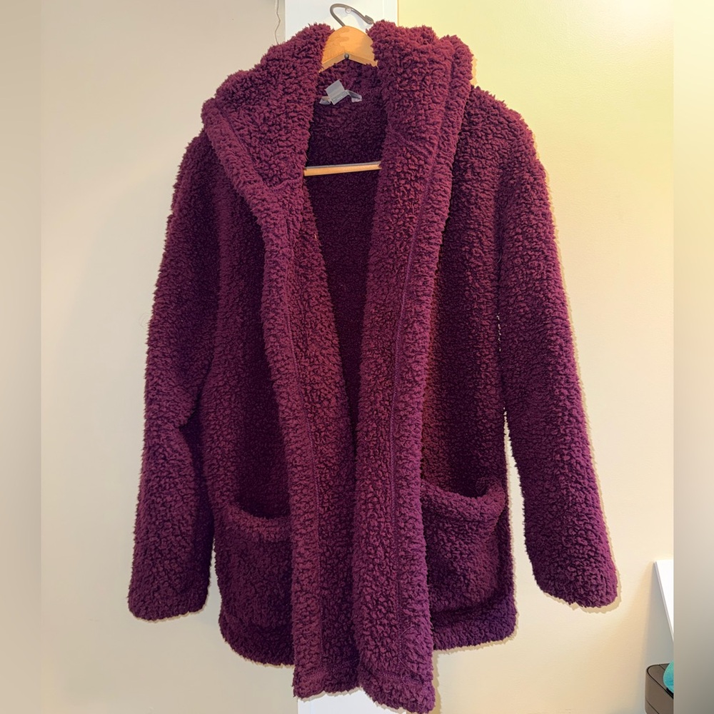 🆕 Eddie Bauer Dark Plum Fireside Fleece Ultra Soft Open Front Cardigan - L